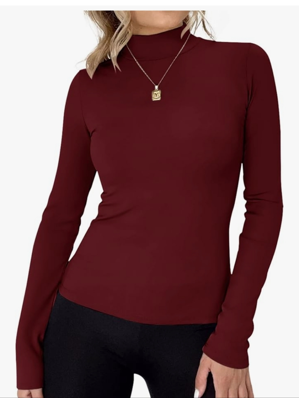 Classic Mock Neck Long Sleeve Top - Burgundy XL